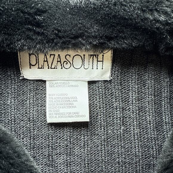 Plaza South Vtg Womens M Ribbed Gray Wool Blend Zip Cardigan Faux Fur Collar EUC - Picture 2 of 14